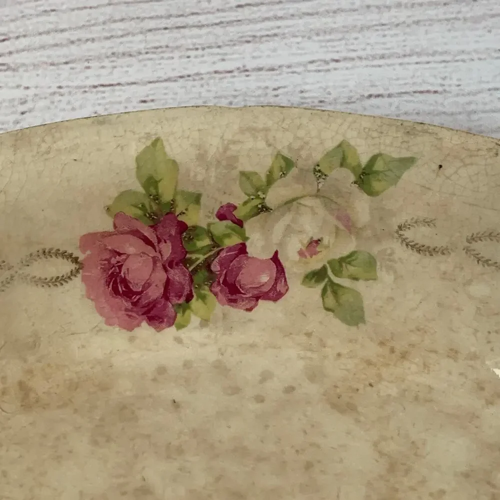 Antique Porcelain Cream Oval Bowl or Serving Dish with Roses Gold Chain 9